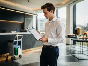 Jonge professional in smart-casual kleding bekijkt checklist op klembord in modern Amsterdams kantoorlobby met receptie en cateringopstelling.