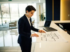 Jonge professional in zakelijk pak bestudeert plattegrond op moderne receptiebalie met laptop en ordner in licht kantoor.