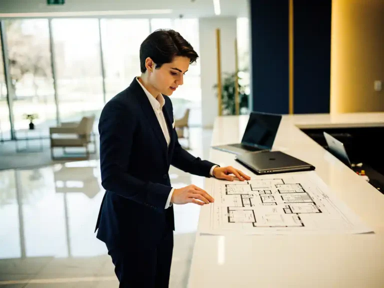 Jonge professional in zakelijk pak bestudeert plattegrond op moderne receptiebalie met laptop en ordner in licht kantoor.