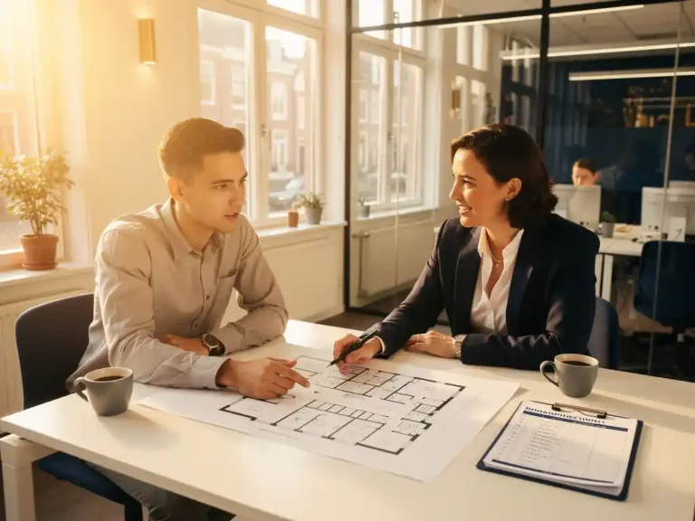 Jonge professional en HR-manager bekijken een kantoorplattegrond op een modern bureau met koffie en checklist in warm natuurlijk licht.