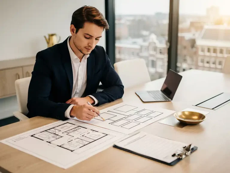 Jonge professional bestudeert een organisatieschema op een vergadertafel met plattegrond en laptop in modern Amsterdams kantoor.