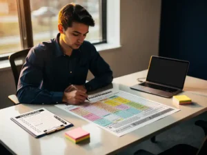 Facilitair professional bestudeert kleurgecodeerde risicomatrix op bureau met inspectiechecklists, laptop en gekleurde sticky notes.
