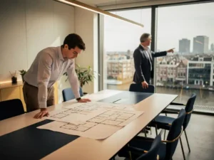 Jonge professional bestudeert plattegrond op vergadertafel terwijl collega wijst naar Amsterdamse skyline door raam.